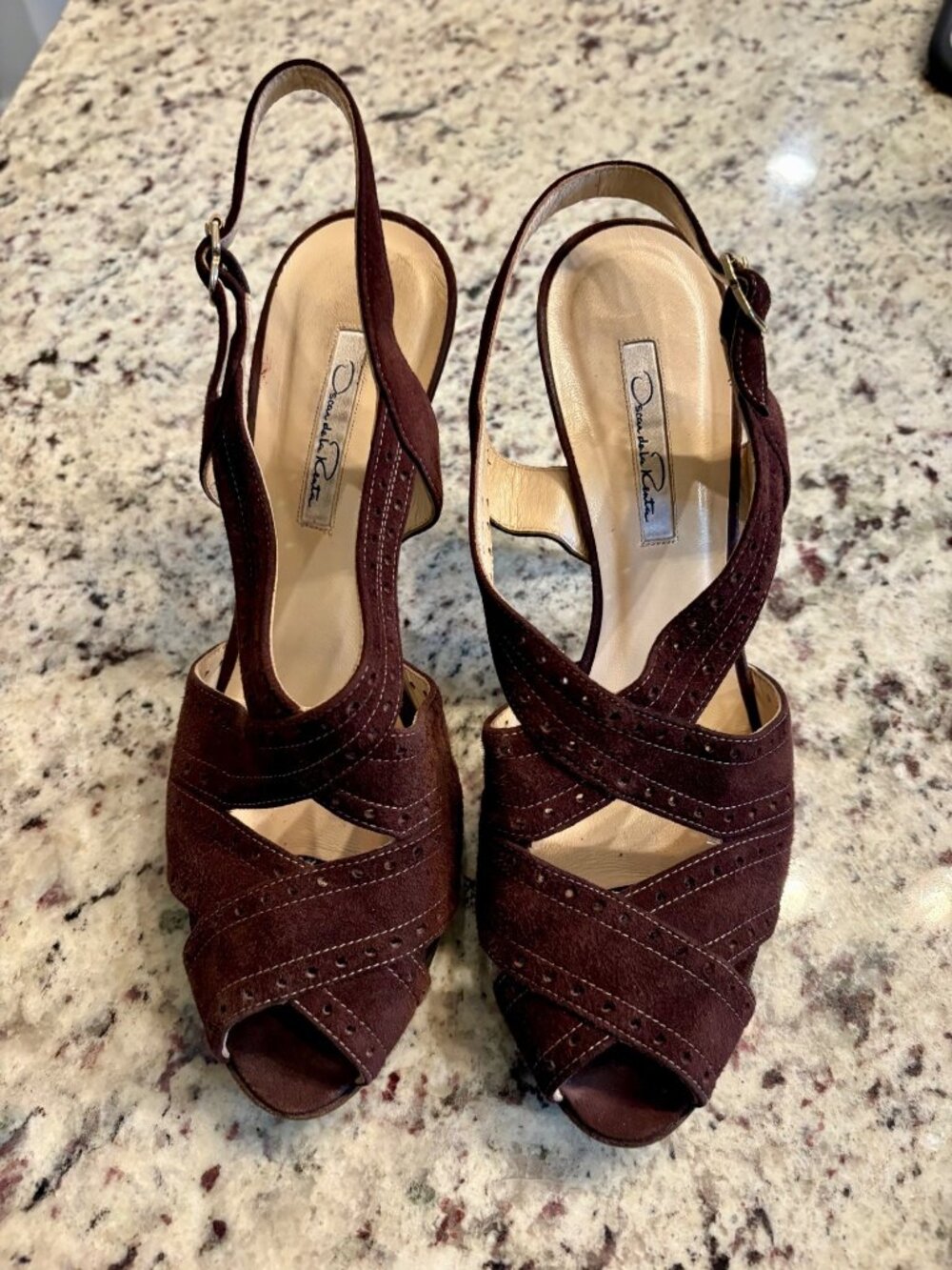 Oscar De La Renta Brown Suede Womens Open-Toe Heels Designer Shoes 39